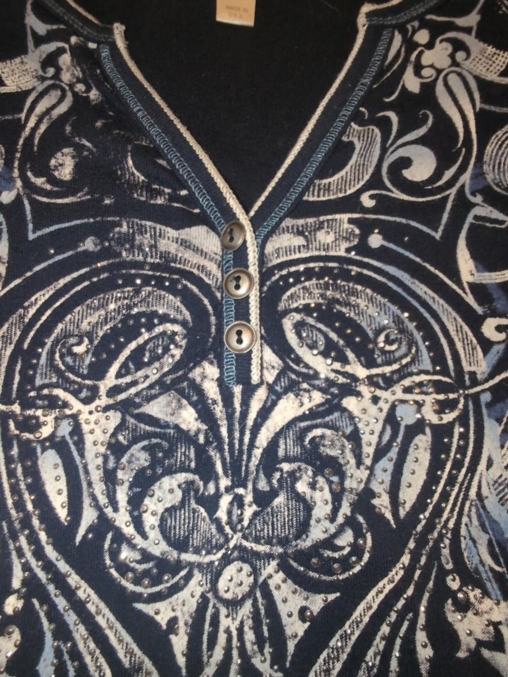 Dress Barn Navy and White Embellished Henley Top